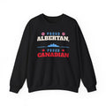 Black sweatshirt with "Proud Albertan" and "Proud Canadian" text.