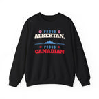Black sweatshirt with "Proud Albertan" and "Proud Canadian" text.