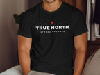 Black t-shirt with "TRUE NORTH STRONG AND FREE" and a red maple leaf.
