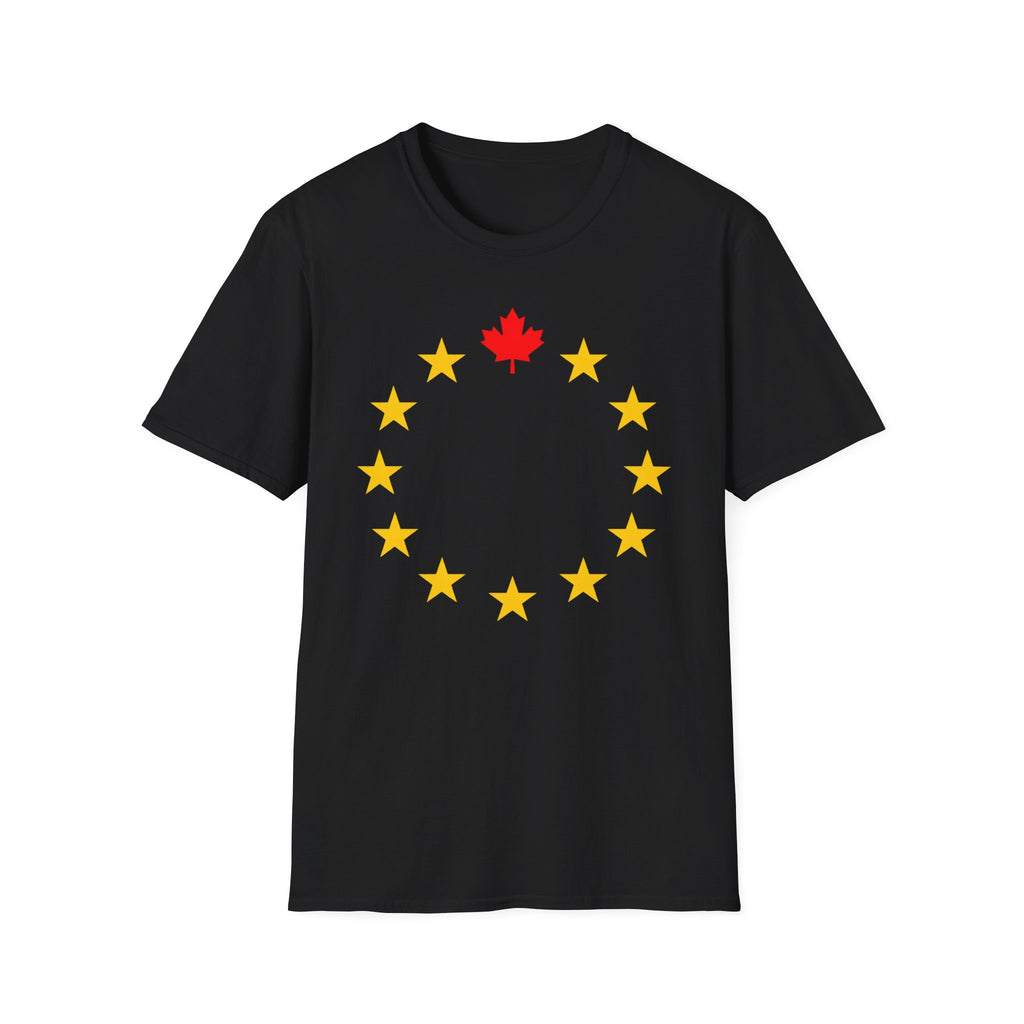 Black t-shirt with a circle of yellow stars and a red maple leaf at the top.