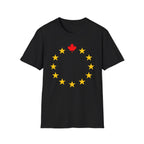 Black t-shirt with a circle of yellow stars and a red maple leaf at the top.