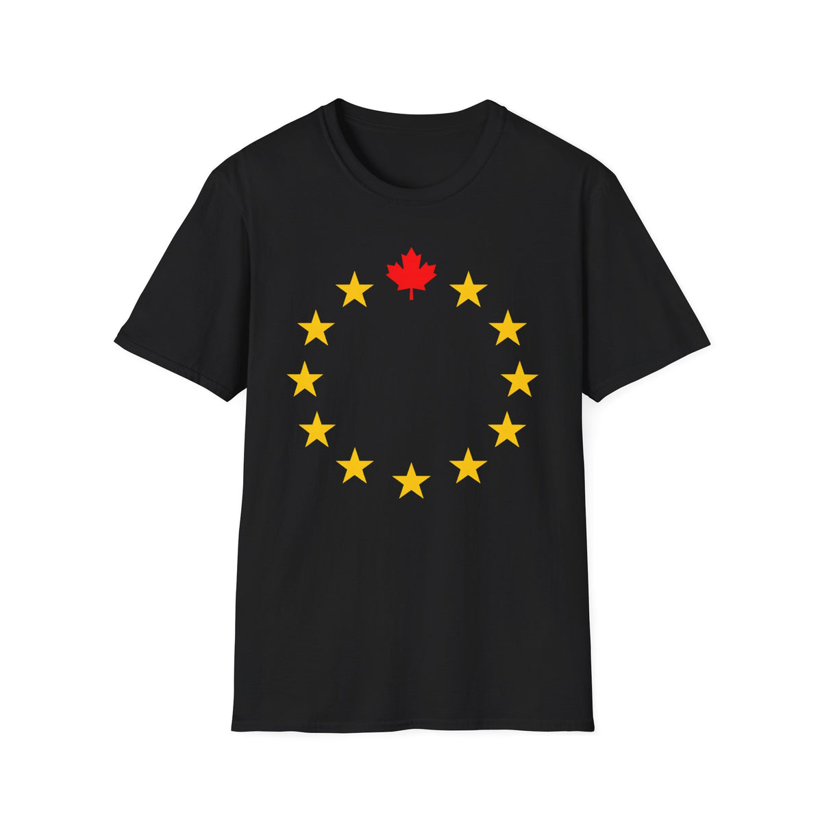 Black t-shirt with a circle of yellow stars and a red maple leaf at the top.