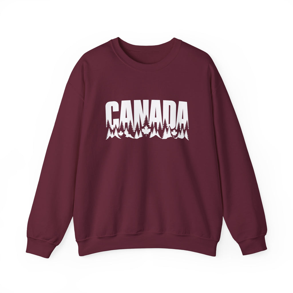 Maroon sweatshirt with white "CANADA" text and forest landscape graphic.