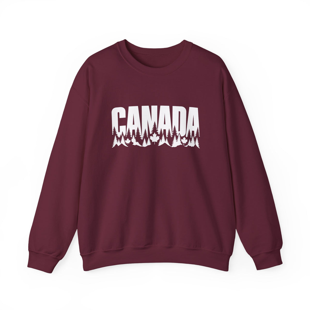 Maroon sweatshirt with white "CANADA" text and forest landscape graphic.