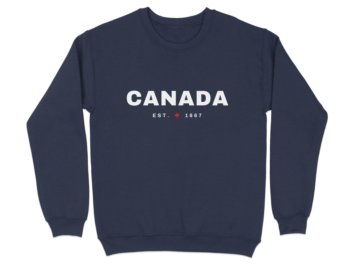 Navy sweatshirt with white "CANADA EST. 1867" and maple leaf graphic.