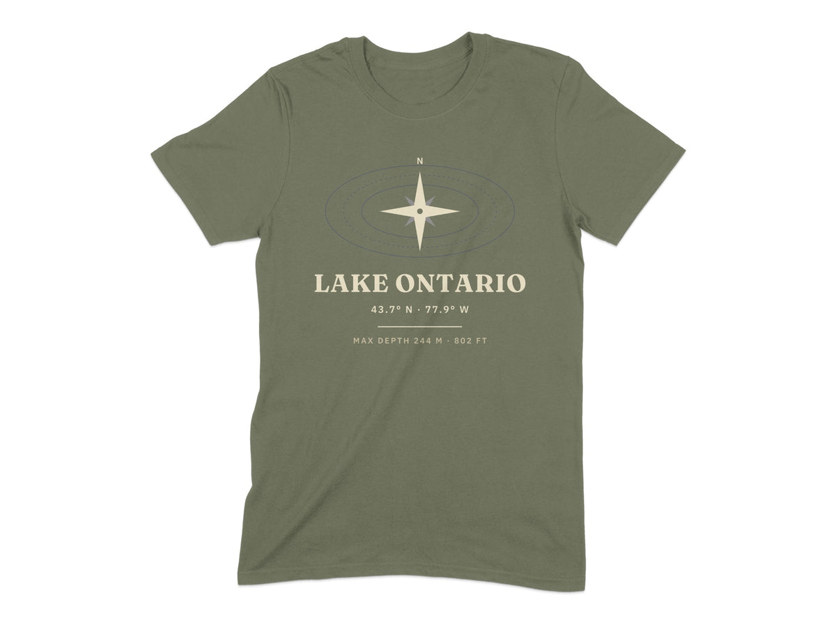 Green t-shirt with Lake Ontario text, coordinates, and compass graphic.