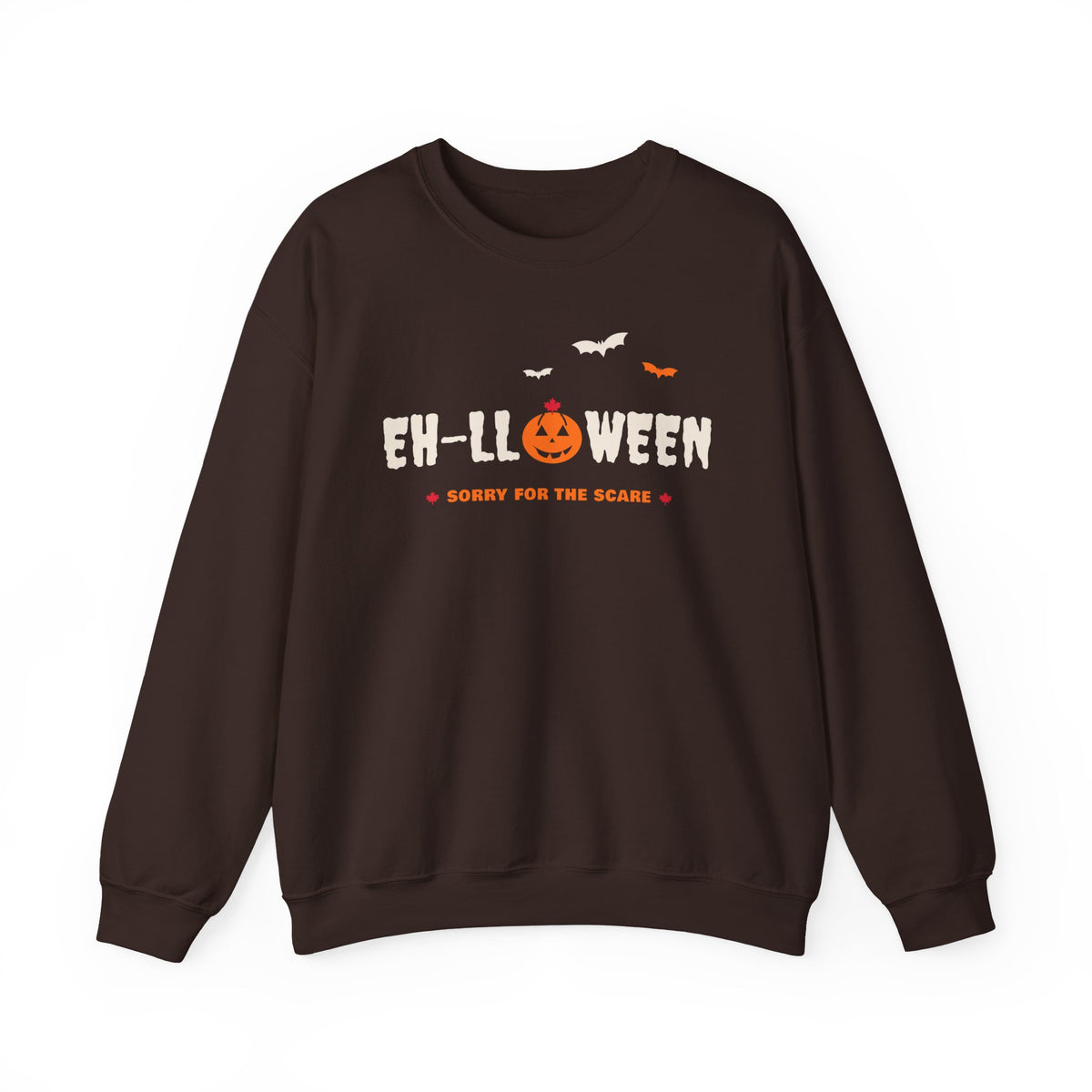 Brown sweatshirt with "EH-LLOWEEN SORRY FOR THE SCARE" text and bats.
