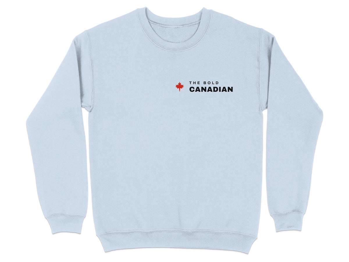 Light blue sweatshirt with "The Bold Canadian" and a maple leaf graphic.
