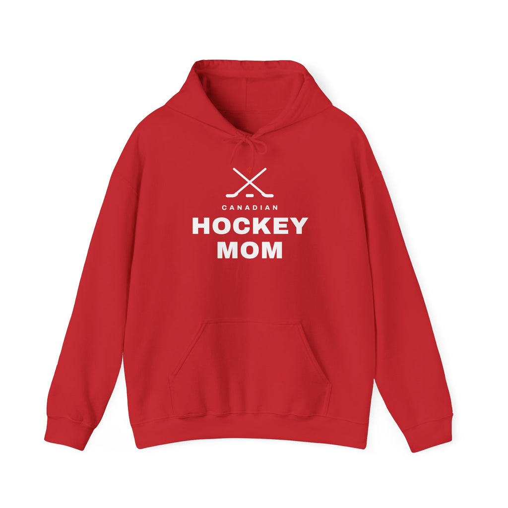 Red hoodie with white text "CANADIAN HOCKEY MOM" and crossed hockey sticks.