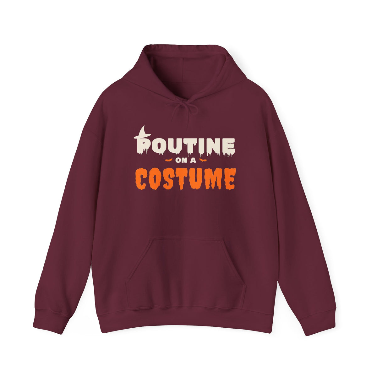 Maroon hoodie with "Poutine on a costume" text and Halloween graphics.