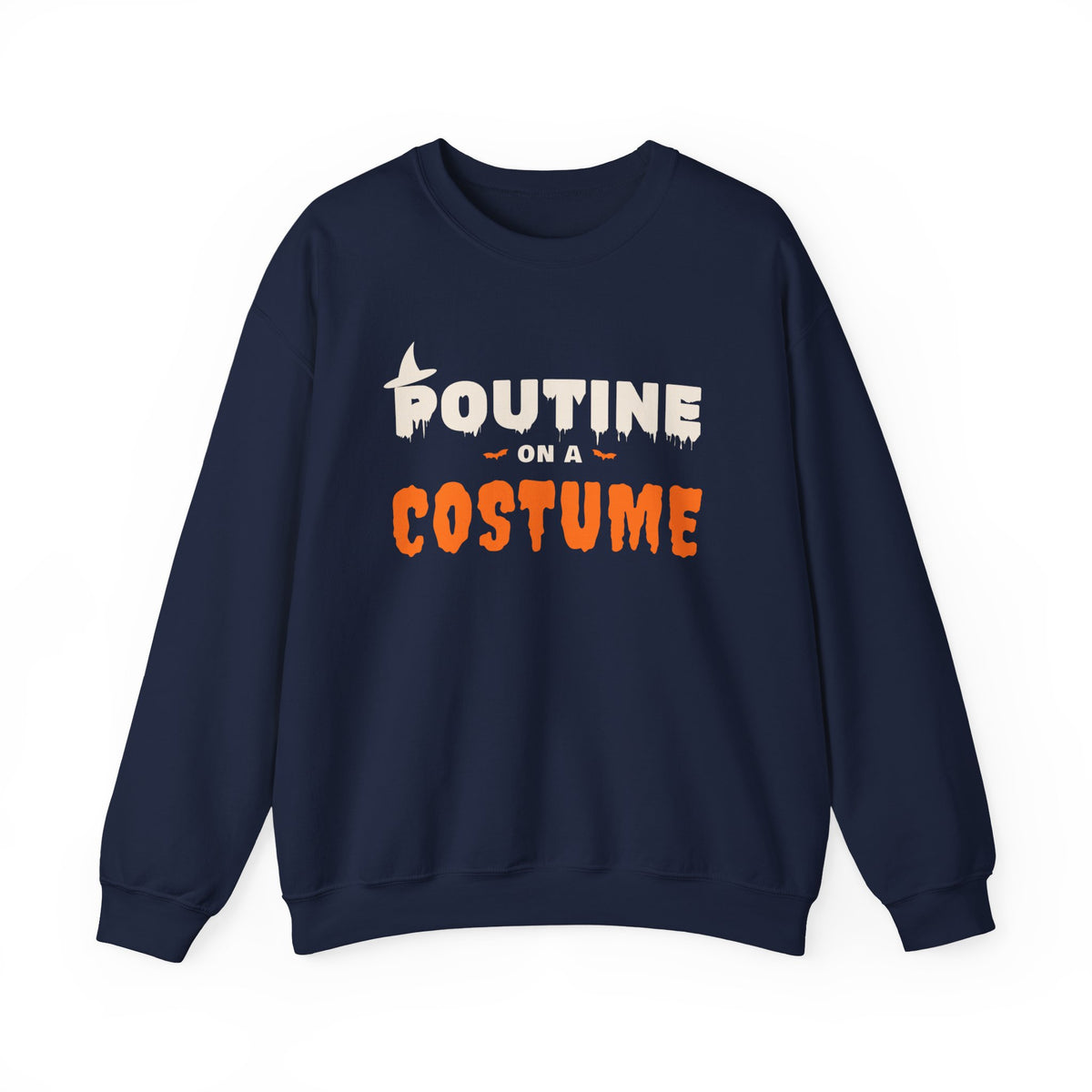 Navy sweatshirt with "Poutine On A Costume" text and Halloween graphics.