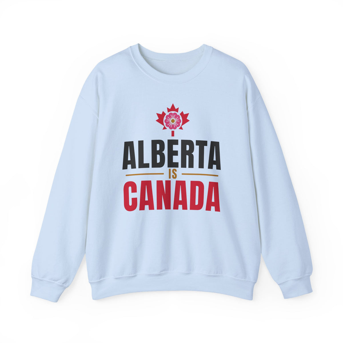 Light blue sweatshirt with "Alberta is Canada" graphic and a maple leaf symbol.