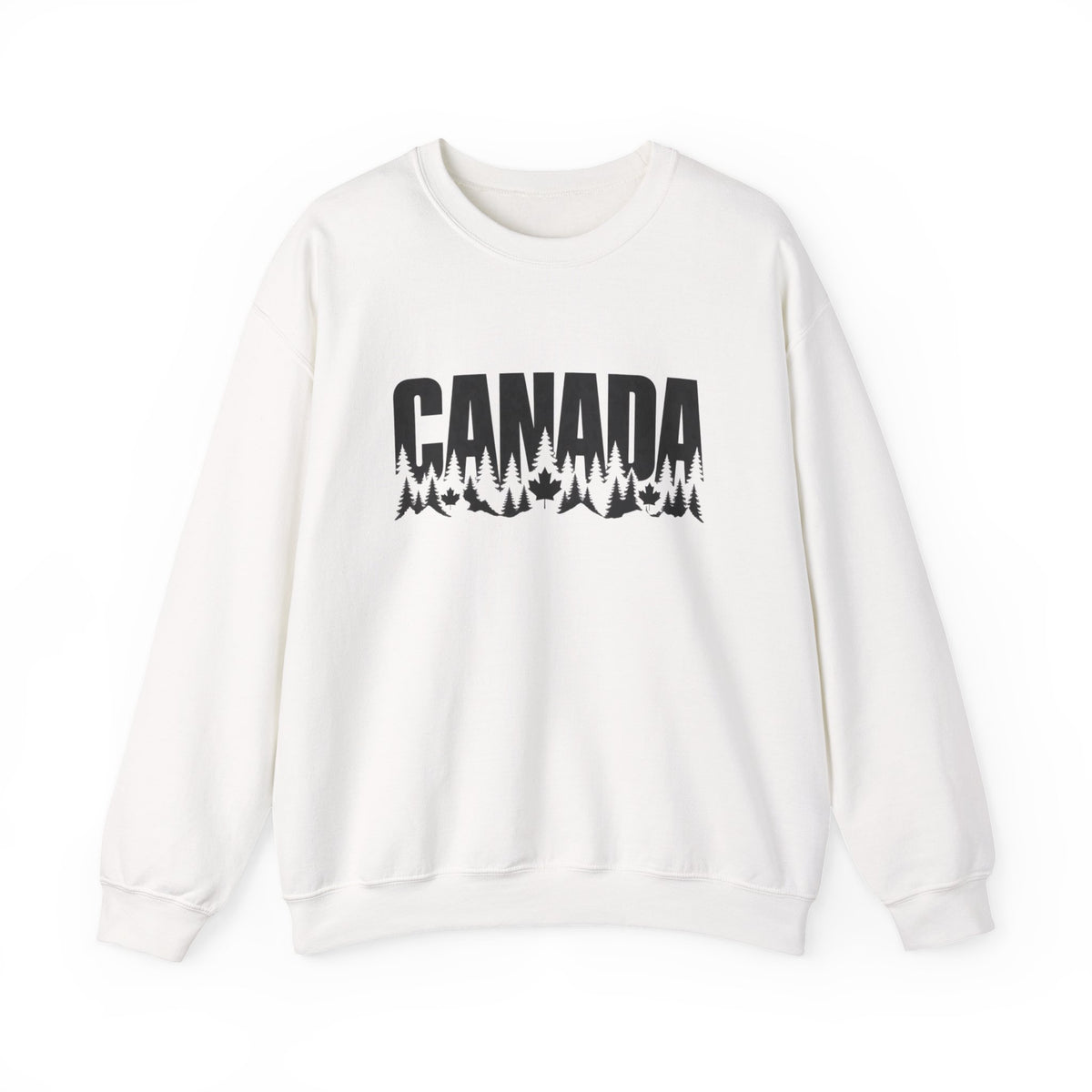 White crewneck sweatshirt with black "CANADA" text and forest graphic.