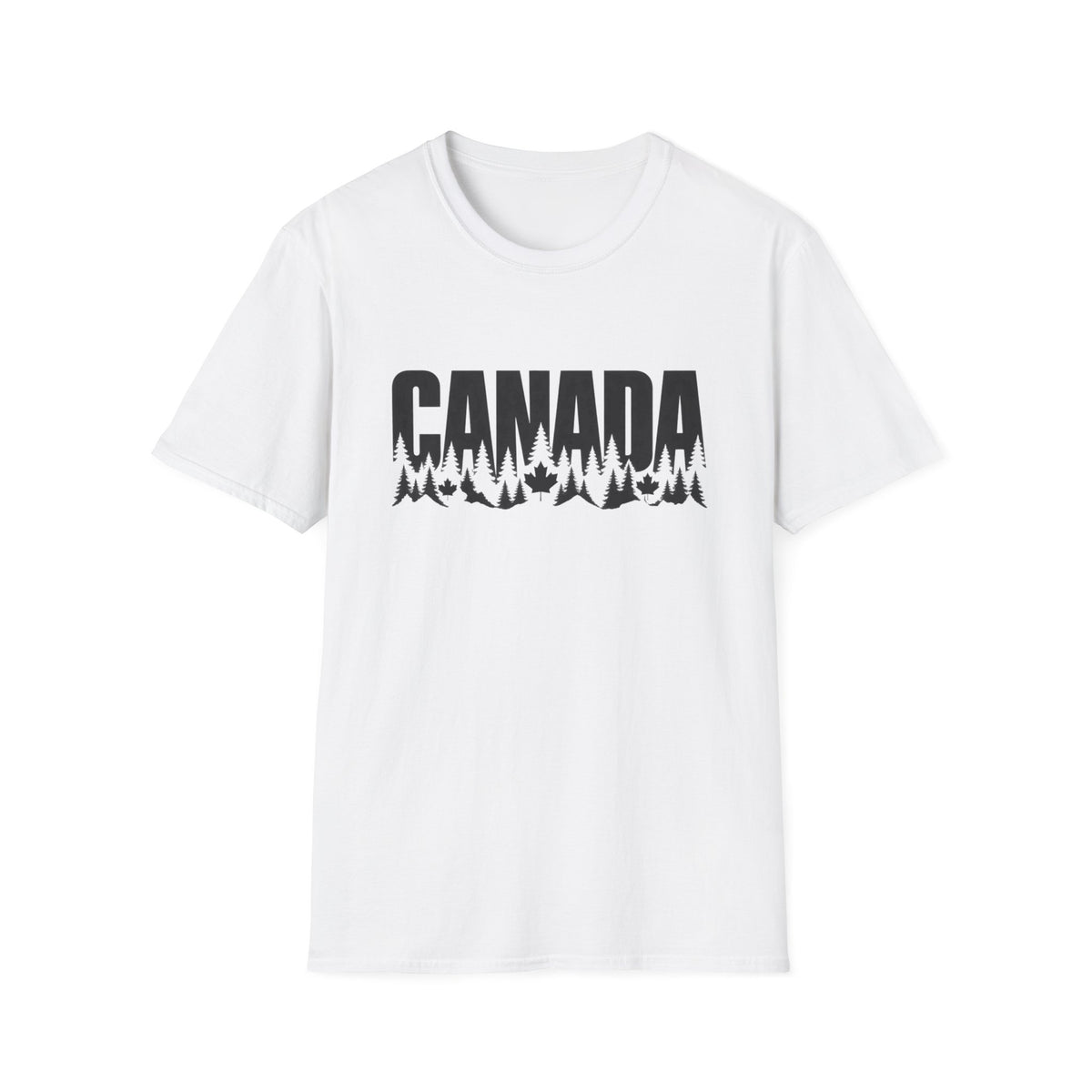 White t-shirt with black "CANADA" text and tree and maple leaf silhouettes.