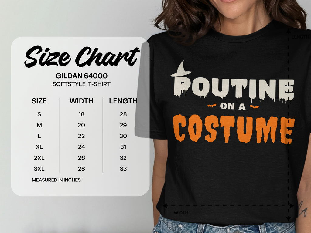 Gildan 64000 Softstyle t-shirt size chart with measurements in inches.