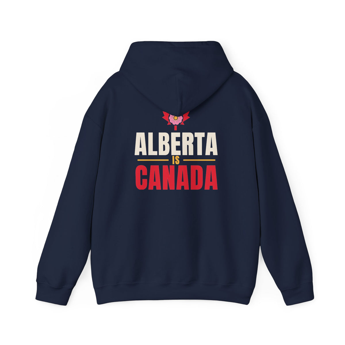Dark blue hoodie with text "Alberta Is Canada" and a pink flower emblem.