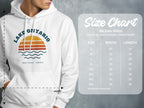 Lake Ontario graphic on white Gildan 18500 hooded sweatshirt with size chart.