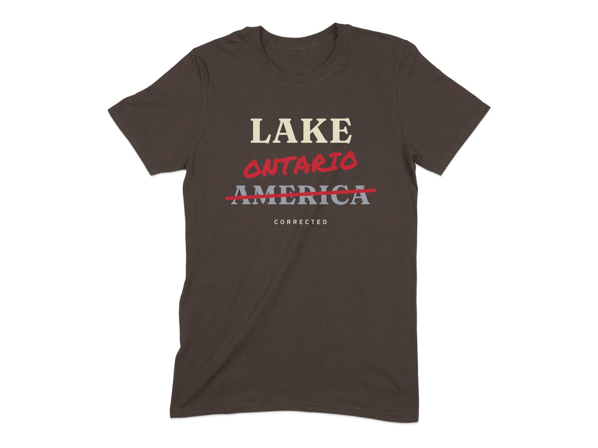 Brown t-shirt with "LAKE ONTARIO AMERICA CORRECTED" text.