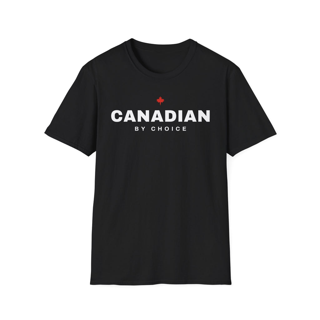 Black t-shirt with white text "CANADIAN BY CHOICE" and a red maple leaf.