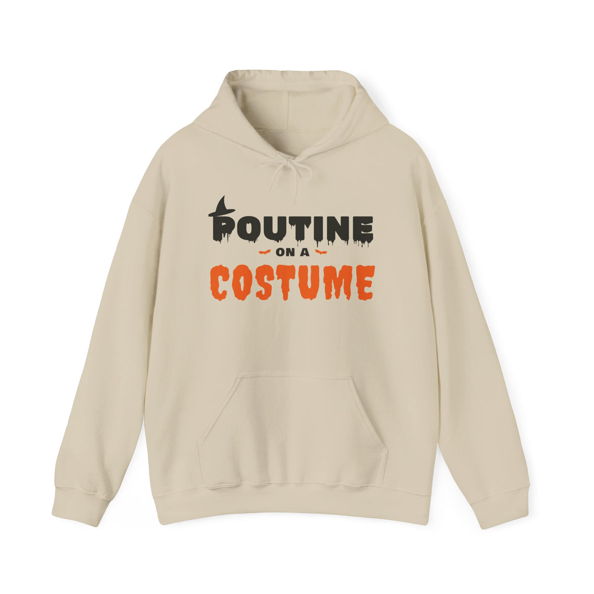 Cream hoodie with "Poutine on a Costume" text and Halloween graphics.