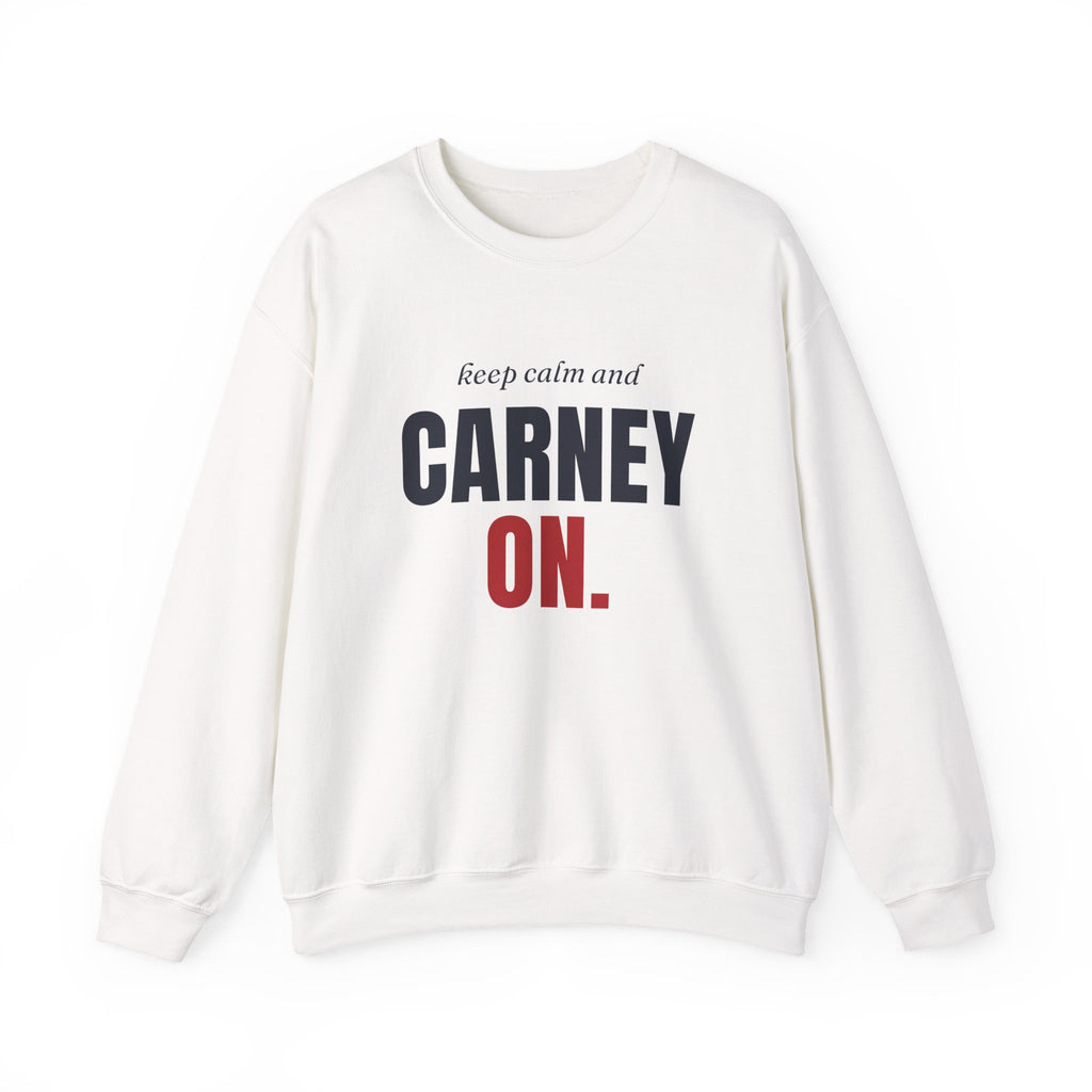 White sweatshirt with "keep calm and CARNEY ON." text in navy and red.