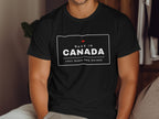 Black t-shirt with "MADE IN CANADA 100% BORN AND RAISED" text and maple leaf.