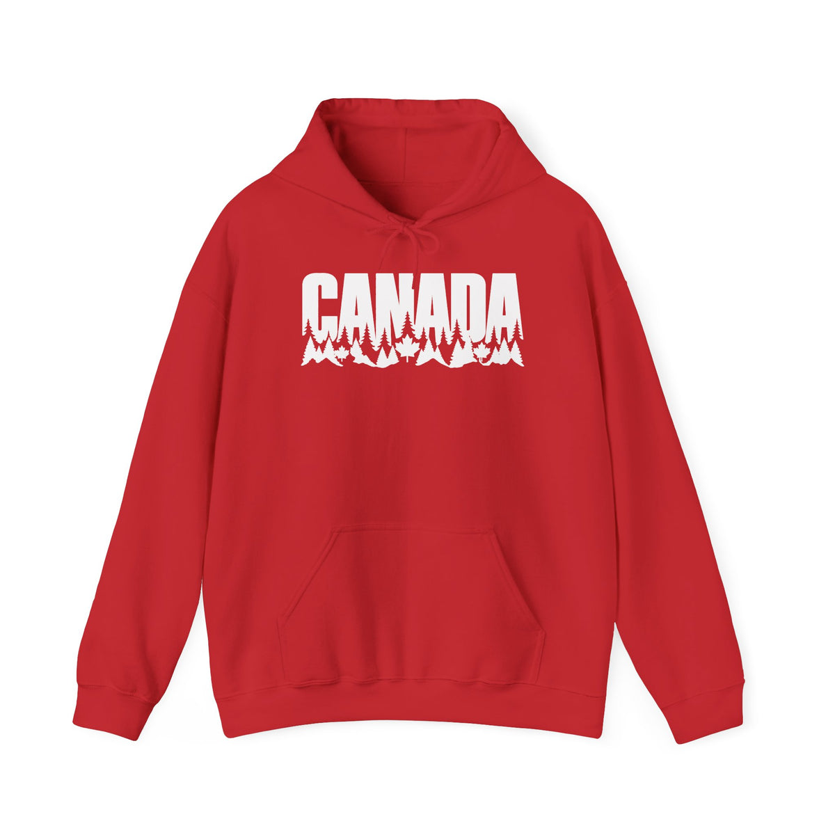 Red hoodie with white "CANADA" text featuring a mountain and tree graphic.