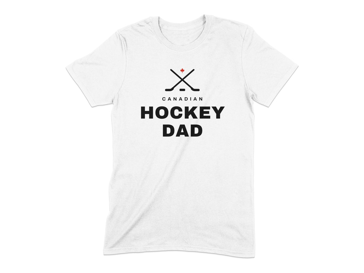 White t-shirt with "CANADIAN HOCKEY DAD" text and crossed hockey sticks.