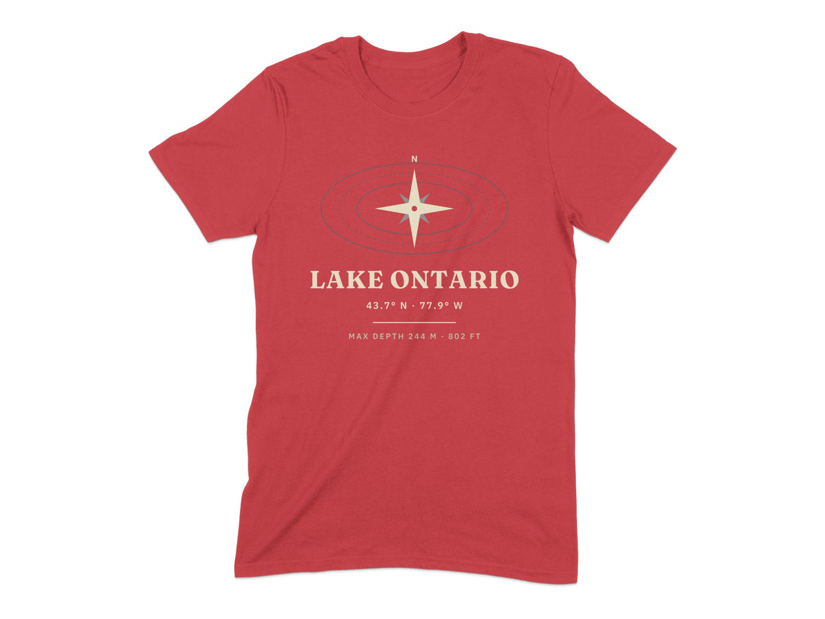 Red t-shirt with Lake Ontario graphic: compass, coordinates, and depth.
