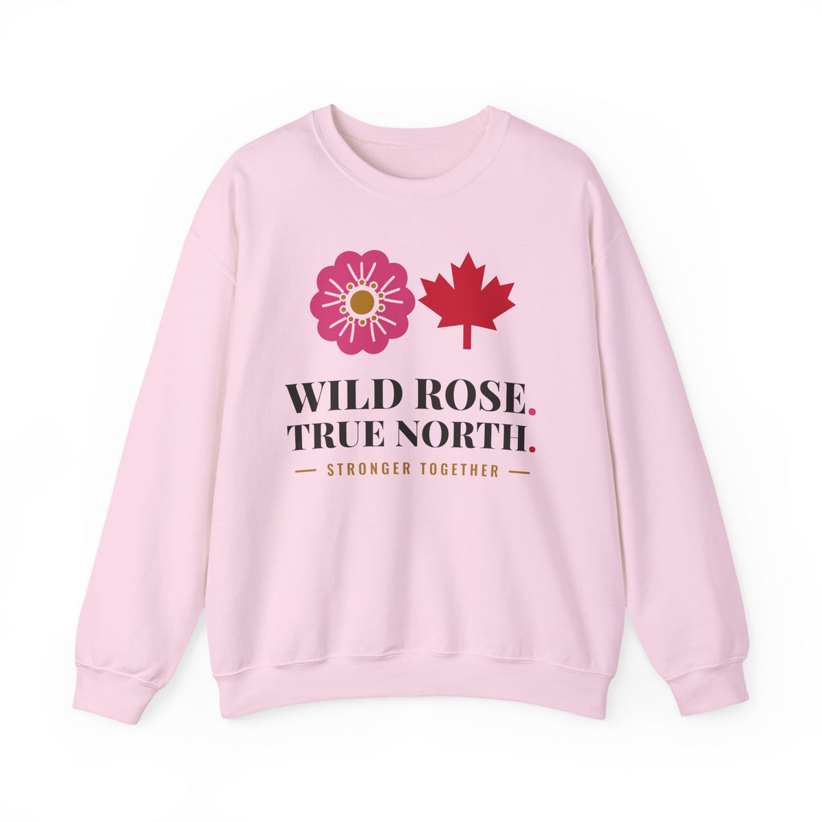 Pink sweatshirt with Wild Rose, True North, and Stronger Together text and graphics.