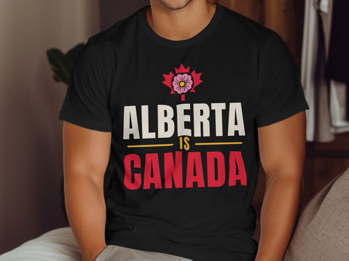 Black t-shirt with "ALBERTA IS CANADA" text and Alberta rose emblem.