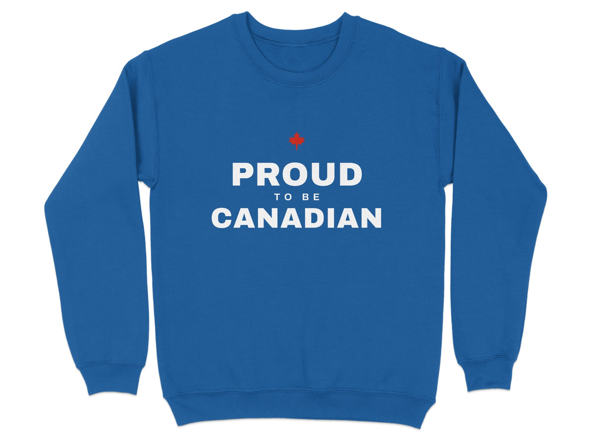Blue sweatshirt with "Proud to be Canadian" text and a red maple leaf.