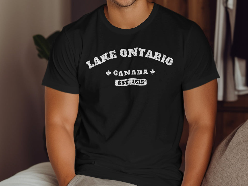 Black t-shirt with white text: Lake Ontario, Canada, Est. 1615