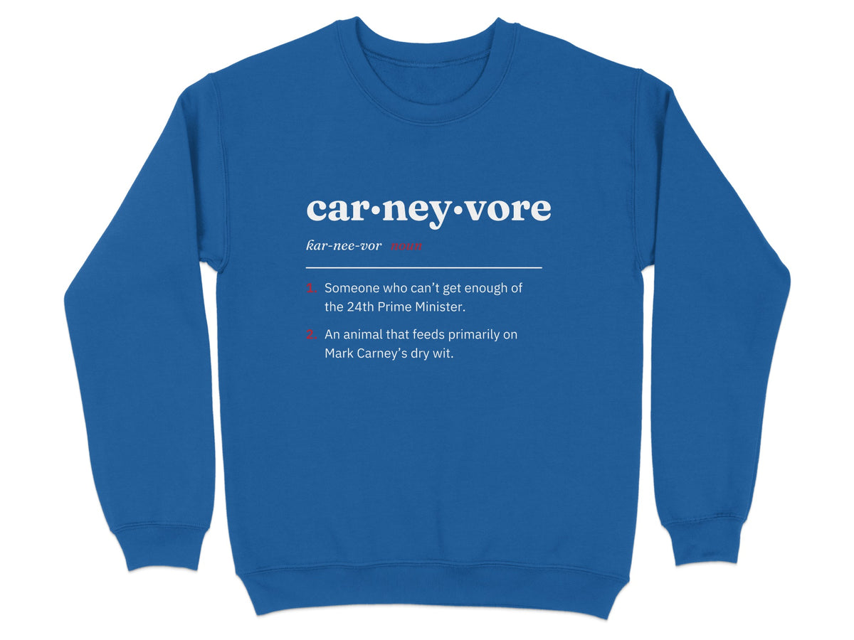Blue sweatshirt with text: "car-ney-vore," "kar-nee-vor," definition of "carneyvore."