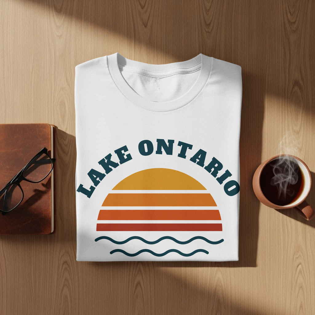 White t-shirt with "Lake Ontario" text and retro sunset graphic.