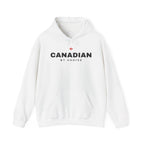 White hoodie with "CANADIAN BY CHOICE" text and a red maple leaf.