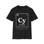 Black t-shirt with periodic table element "Cy" for Carneyium, element of calm.