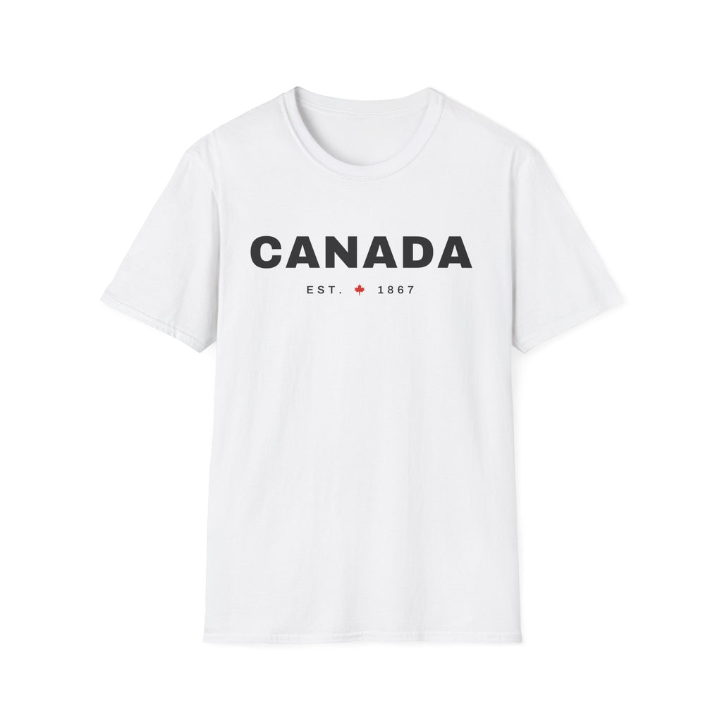 White t-shirt with black text "CANADA EST. 1867" and a maple leaf.