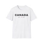 White t-shirt with black text "CANADA EST. 1867" and a maple leaf.