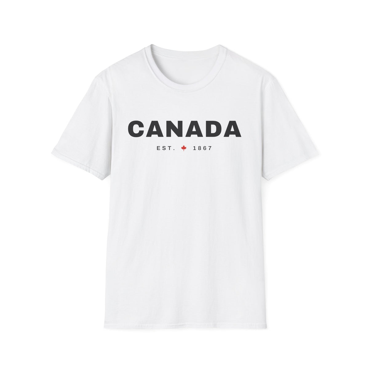 White t-shirt with black text "CANADA EST. 1867" and a maple leaf.