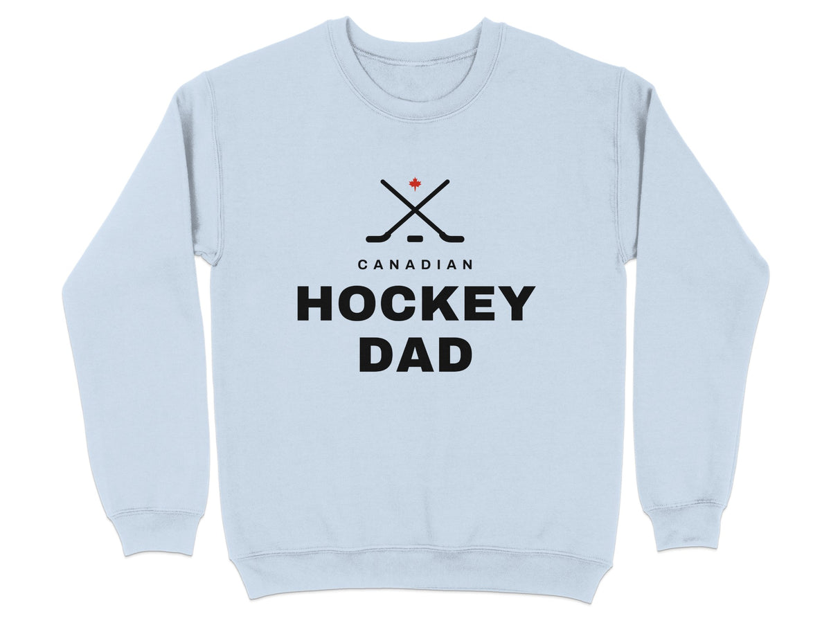 Light blue sweatshirt with "CANADIAN HOCKEY DAD" text and hockey sticks graphic.