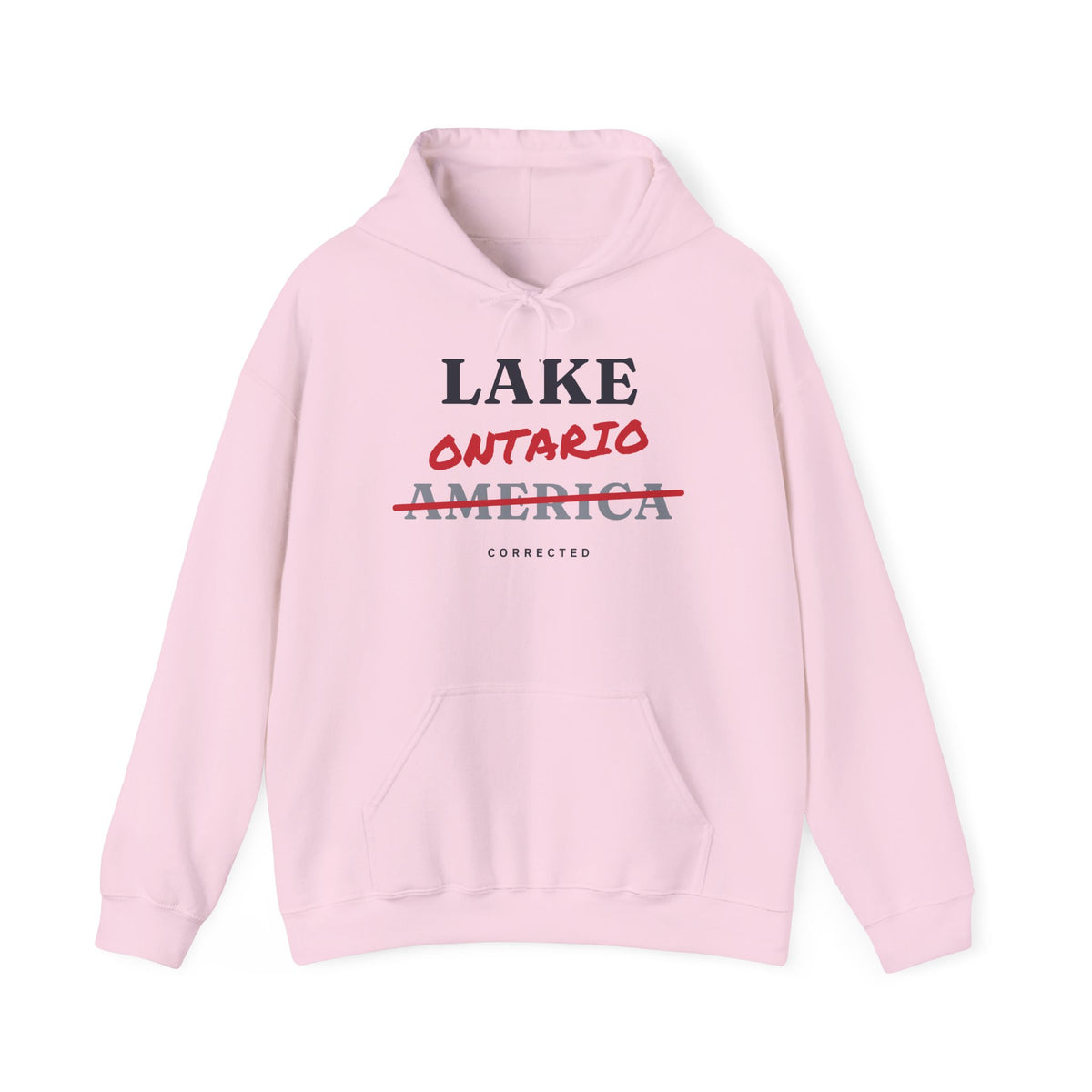 Pink hoodie with "LAKE ONTARIO AMERICA CORRECTED" text.