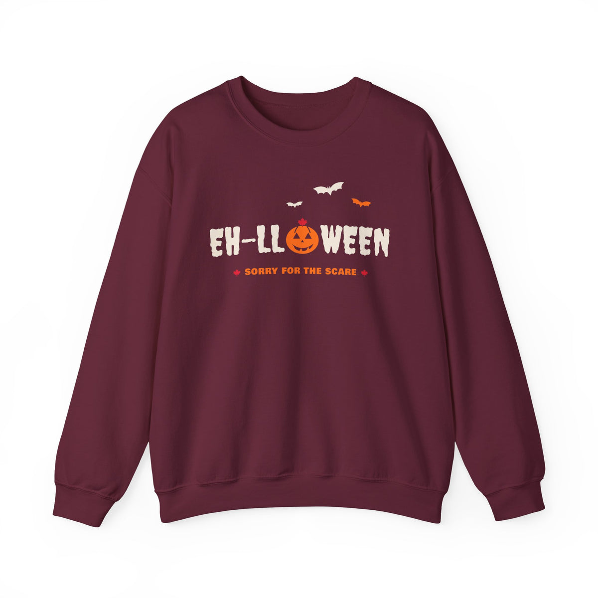 Maroon sweatshirt with "EH-LLoWEEN SORRY FOR THE SCARE" text and bats.