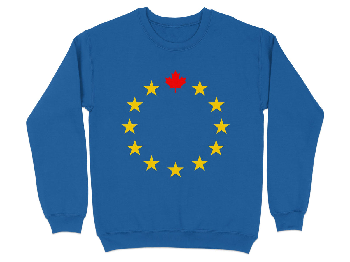 Blue sweatshirt with a circle of yellow stars and a red maple leaf.