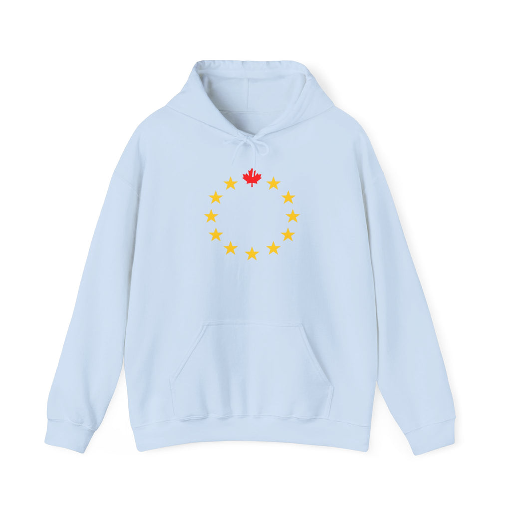 Light blue hoodie with a circular design of yellow stars and a red maple leaf.