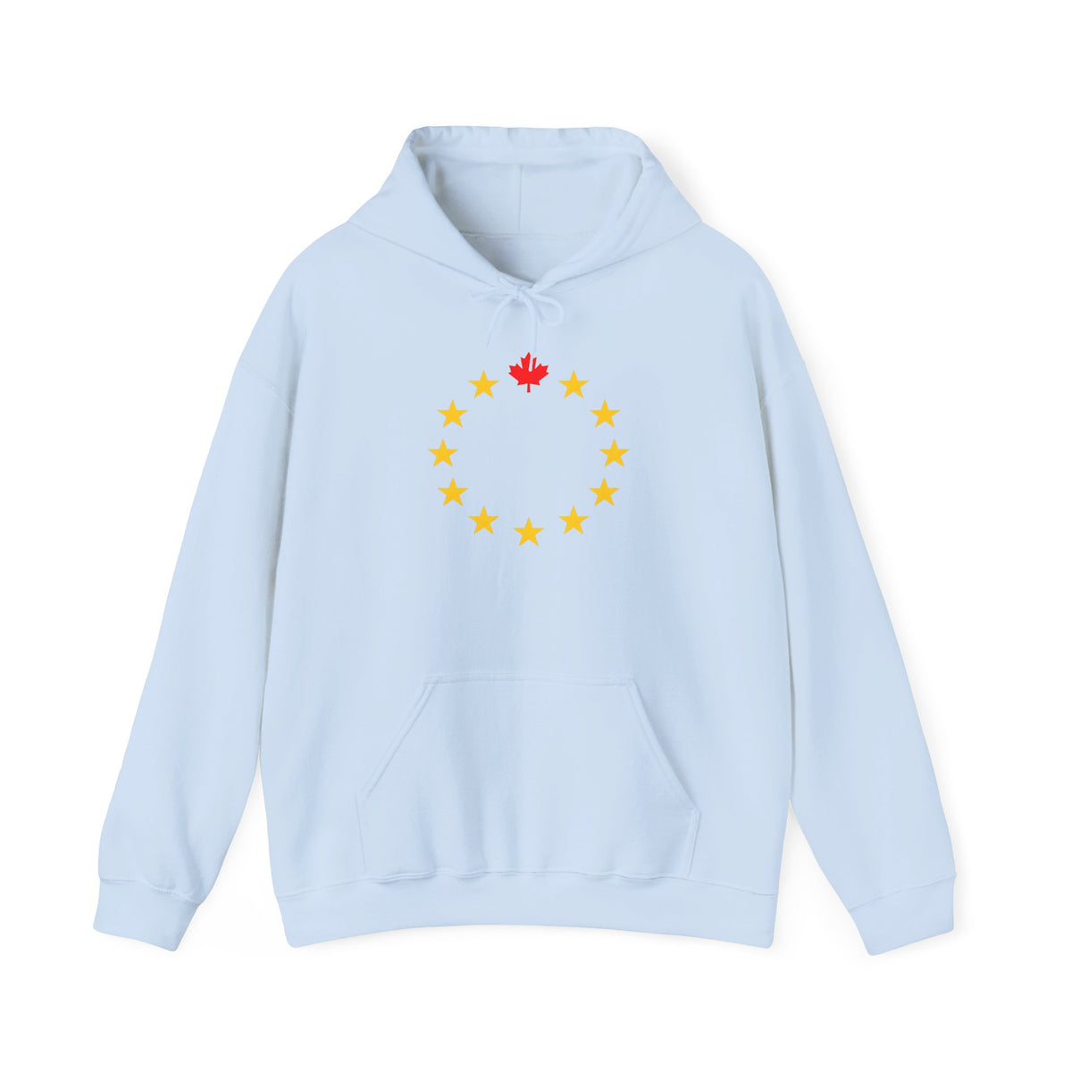 Light blue hoodie with a circular design of yellow stars and a red maple leaf.