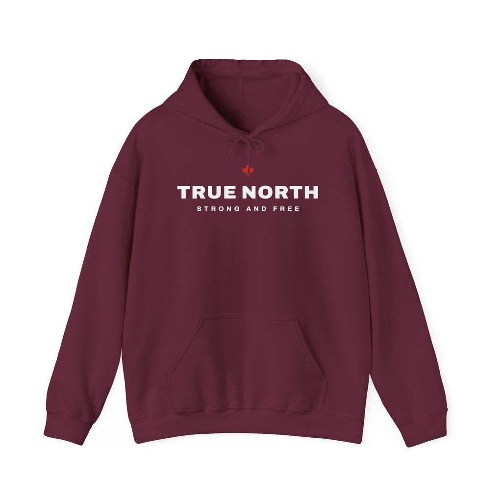 Maroon hoodie with white text "TRUE NORTH" and small Canadian maple leaf.