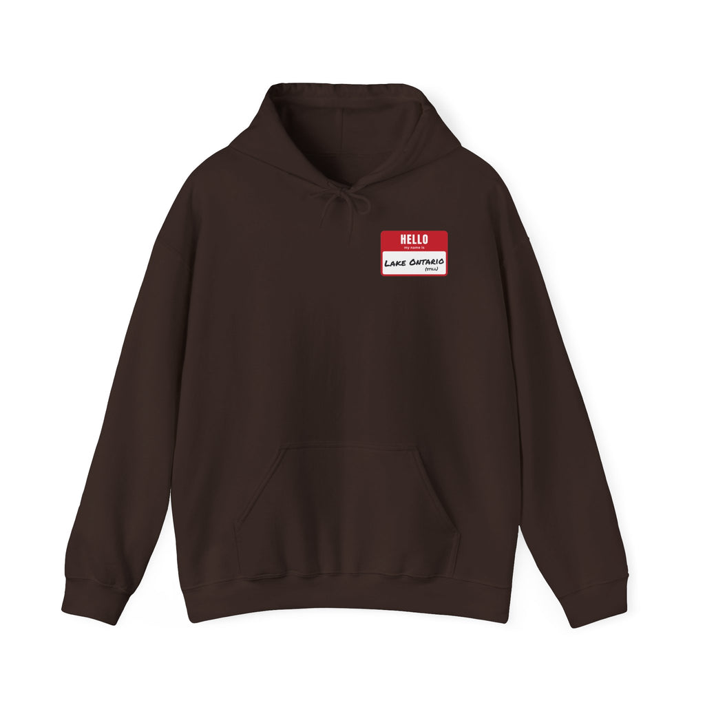 Brown hoodie with a red name tag that reads "HELLO my name is LAKE ONTARIO (STILL)".