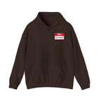 Brown hoodie with a red name tag that reads "HELLO my name is LAKE ONTARIO (STILL)".