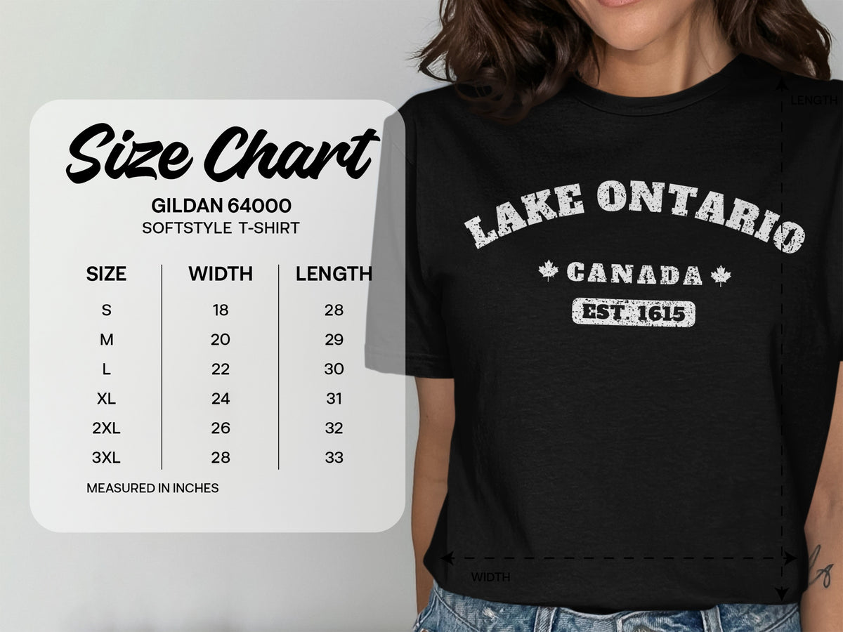 Gildan 64000 Softstyle T-Shirt size chart with width and length in inches.